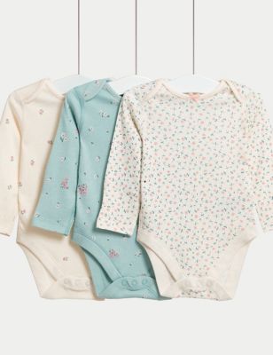 M&S Girls 3pk Pure Cotton Floral Bodysuits (6lbs-3 Yrs) - NB - Aqua Mix, Aqua Mix