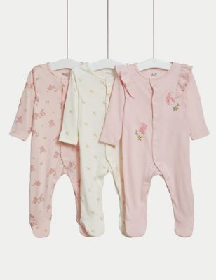 M&S Girl's 3pk Pure Cotton Bunny & Floral Sleepsuits (6lbs-3 Yrs) - NB - Pale Pink Mix, Pale Pink M