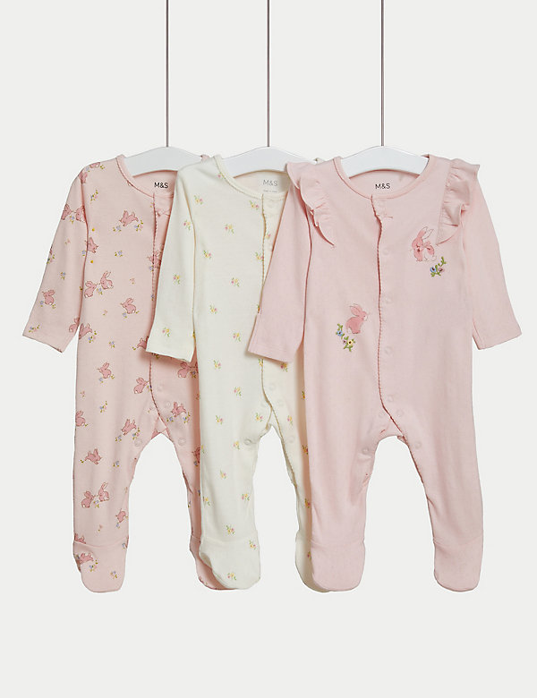 3pk Pure Cotton Bunny & Floral Sleepsuits (6½lbs-3 Yrs) - QA
