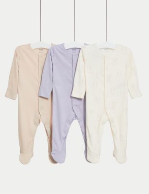 M&S Girls 3pk Pure Cotton Bunny Sleepsuits (6lbs-3 Yrs) - NB - Calico Mix, Calico Mix