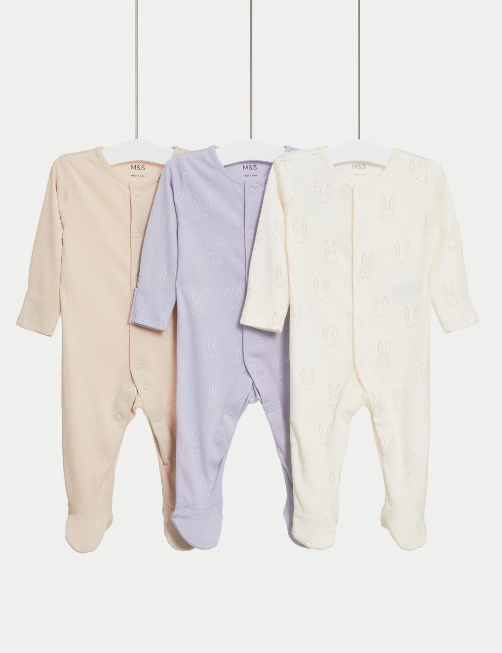 3pk Pure Cotton Bunny Sleepsuits (6½lbs-3 Yrs)