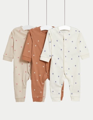 M&S Girls 3pk Pure Cotton Flower Sleepsuits (6lbs-3 Yrs) - TINY - Sandstone, Sandstone