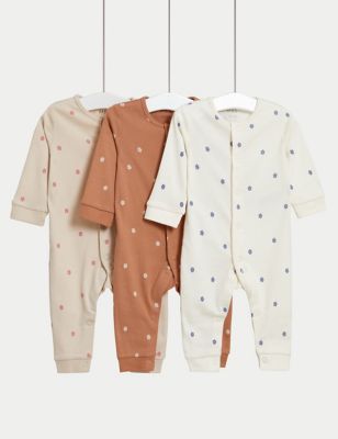 M&S Girls 3pk Pure Cotton Flower Sleepsuits (6lbs-3 Yrs) - TINY - Sandstone, Sandstone