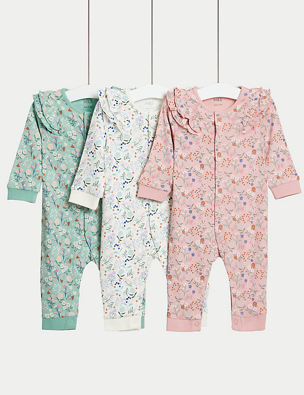 3pk Pure Cotton Floral Sleepsuits (6½lbs - 3 Yrs) - QA