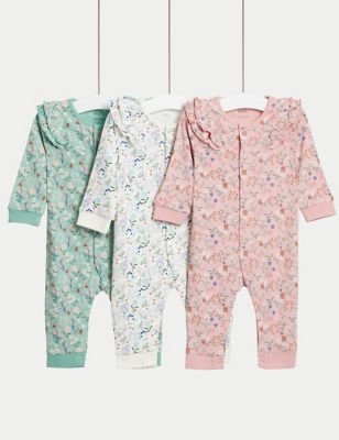M&S Girls 3pk Pure Cotton Floral Sleepsuits (6lbs - 3 Yrs) - NB - Pink Mix, Pink Mix