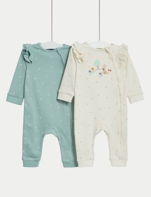 M&S Girls 2pk Pure Cotton Spot Sleepsuits (6lbs-3 Yrs) - NB - Teal Mix, Teal Mix