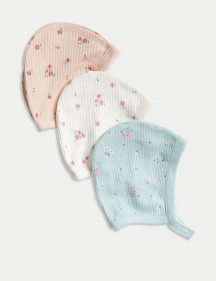M&S Girls 3pk Pure Cotton Floral Bonnets (0-1 Yrs) - 1 M - Pink Mix, Pink Mix