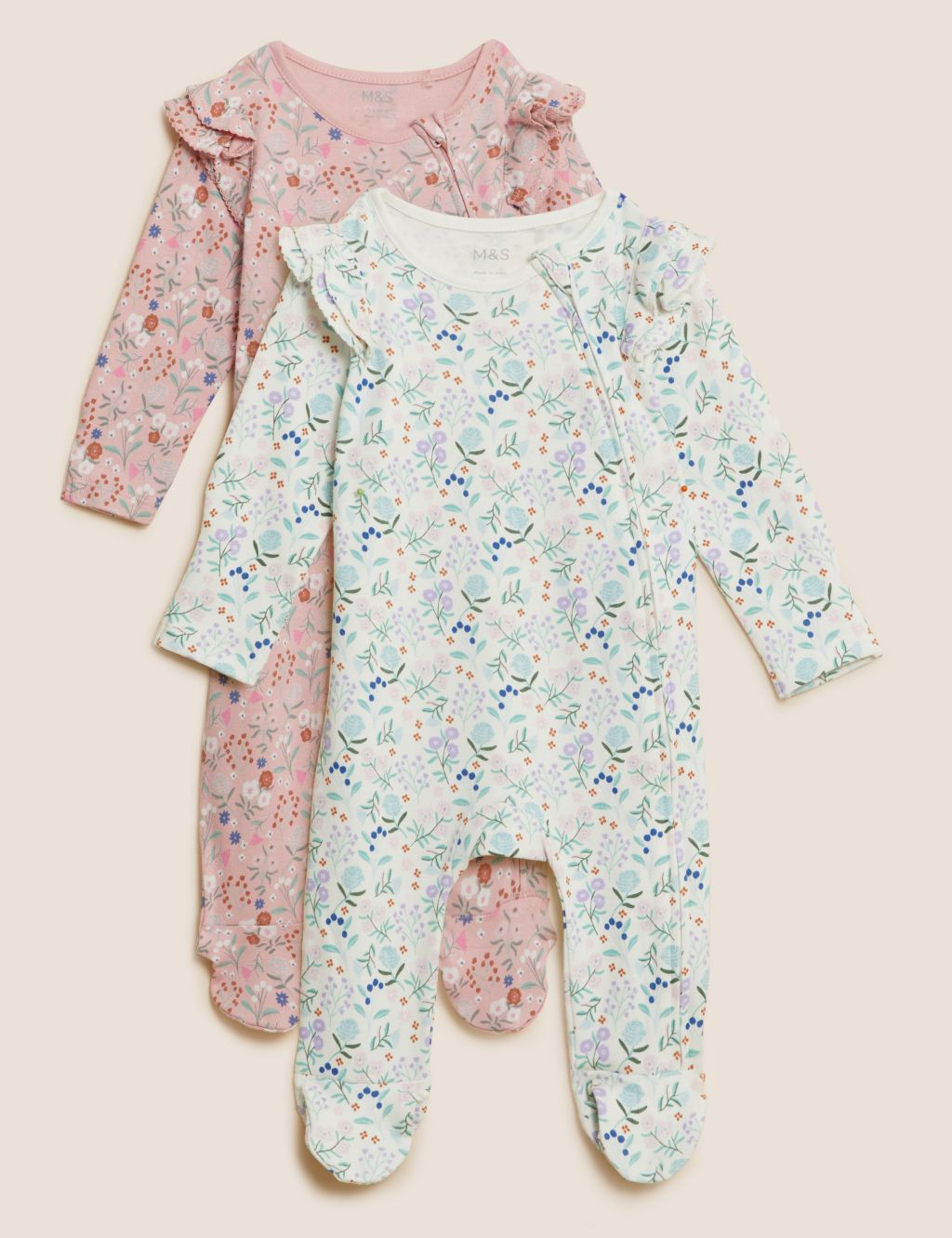 2pk Pure Cotton Floral Frill Sleepsuits (0-3 Yrs) image 1
