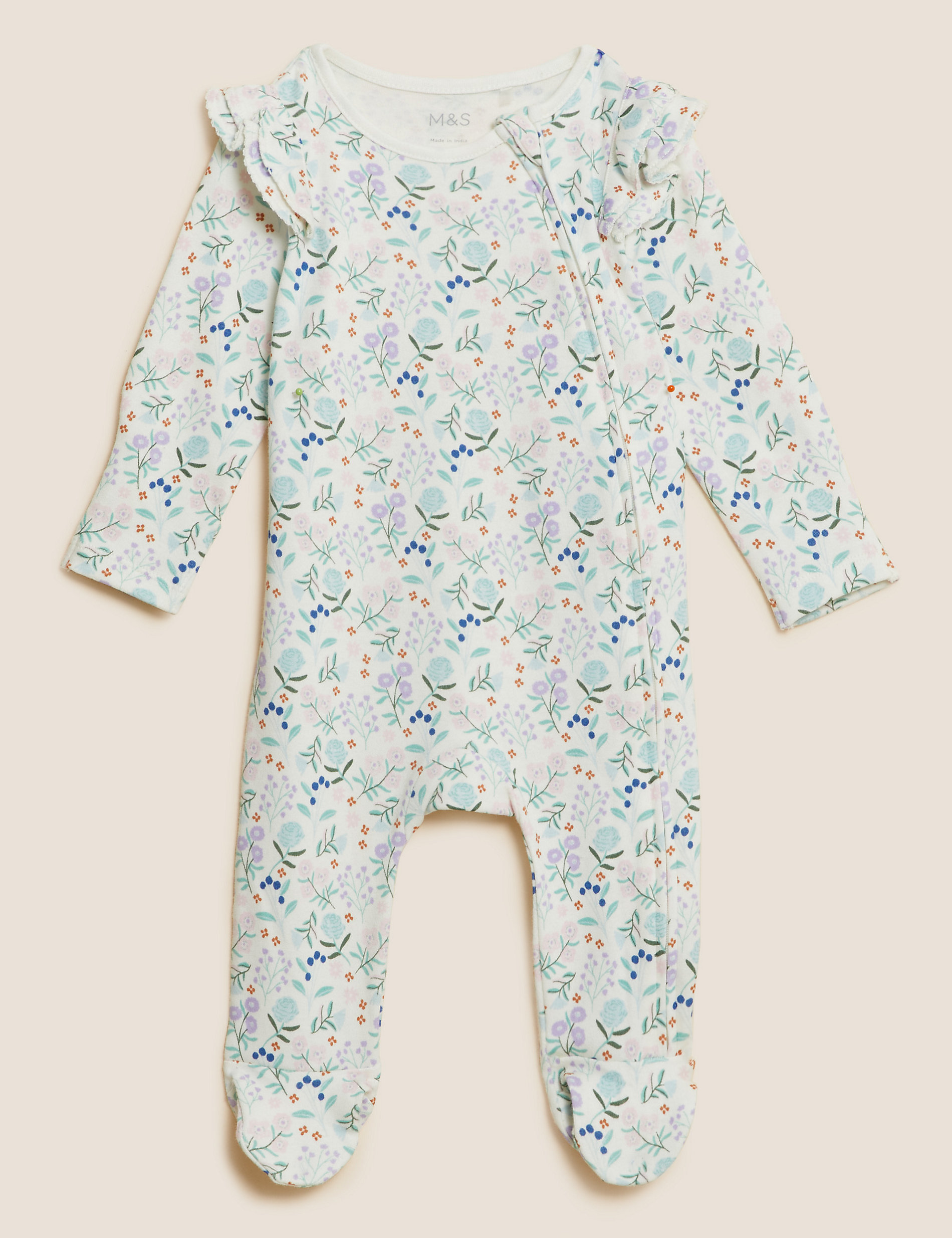 2pk Pure Cotton Floral Frill Sleepsuits (0-3 Yrs)