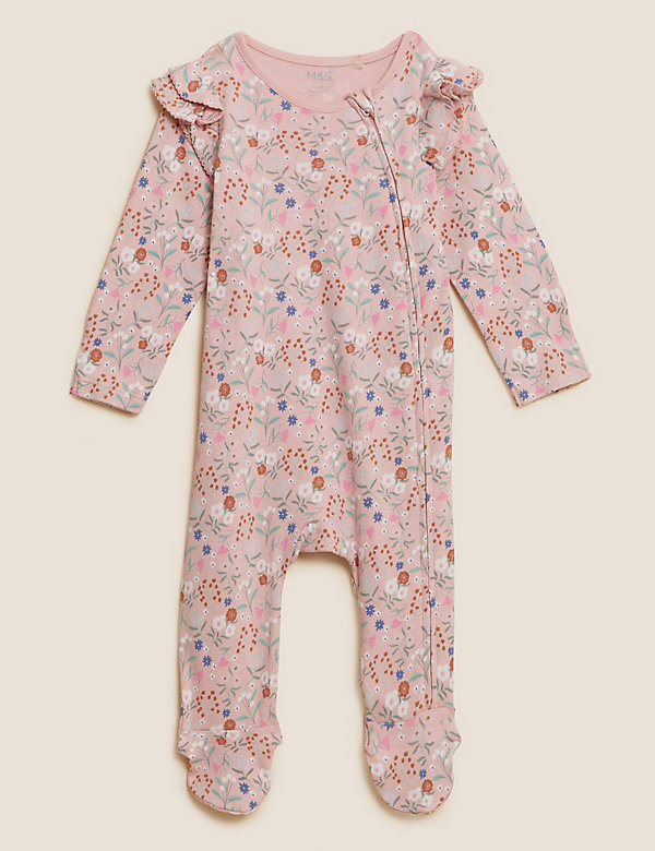 2pk Pure Cotton Floral Frill Sleepsuits (0-3 Yrs) - SA