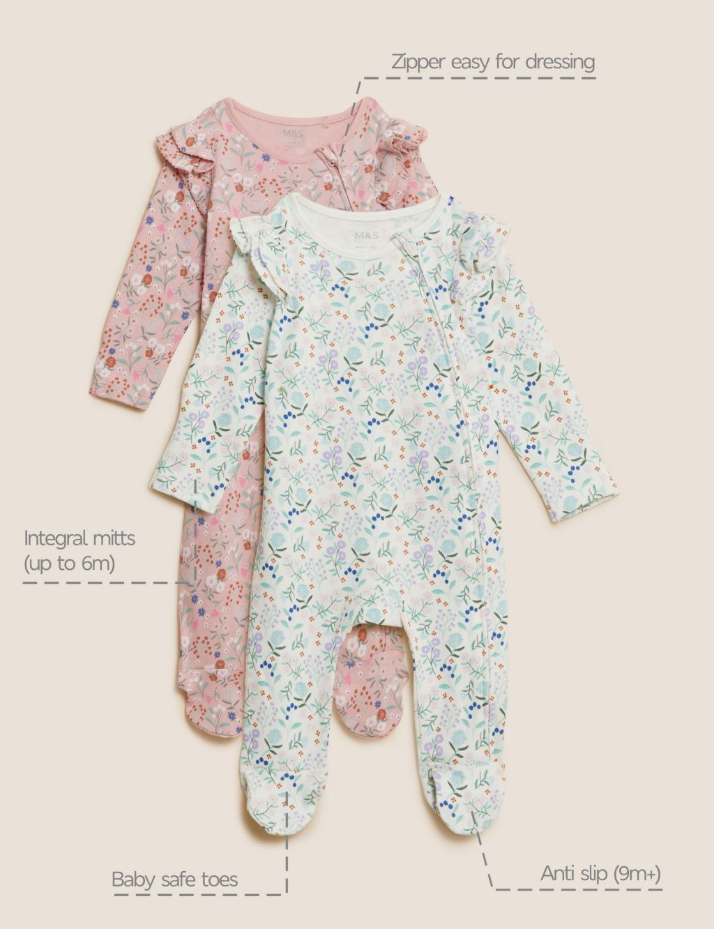 2pk Pure Cotton Floral Frill Sleepsuits (0-3 Yrs) image 8