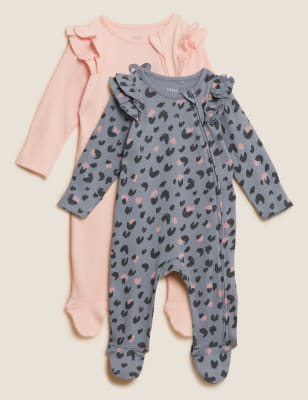 2pk Pure Cotton Leopard Sleepsuits (0-3 Yrs)