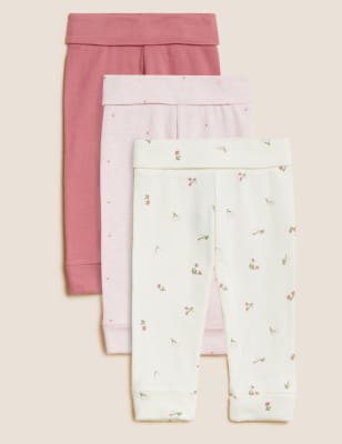 Marks And Spencer Girls M&S Collection 3pk Pure Cotton Floral & Plain Leggings (0-3 Yrs) - Pink Mix, Pink Mix