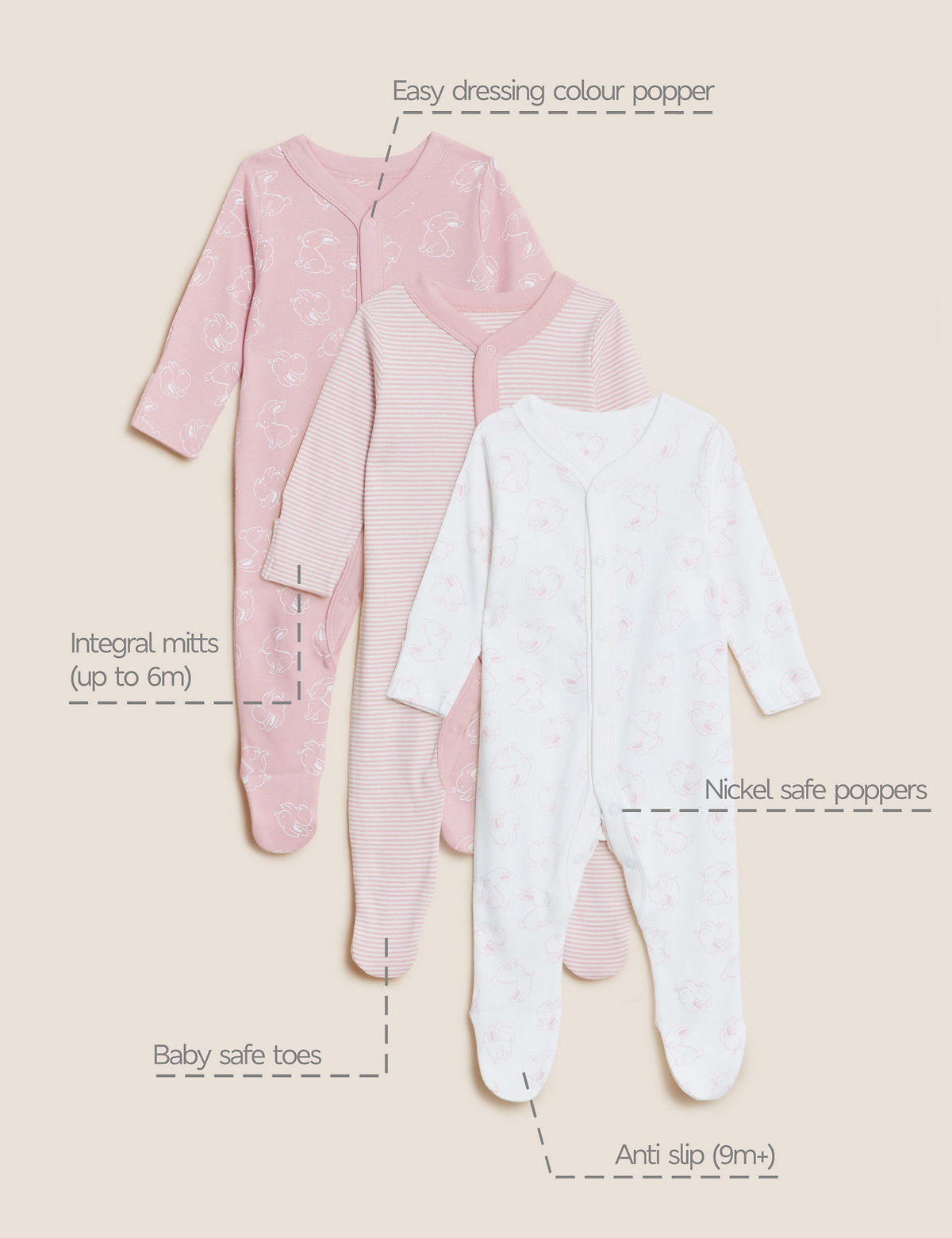 3pk Pure Cotton Printed Sleepsuits (5lbs-3 Yrs)