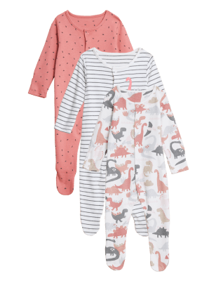 M&S Girls 3pk Pure Cotton Dinosaur Sleepsuits (61/2lbs