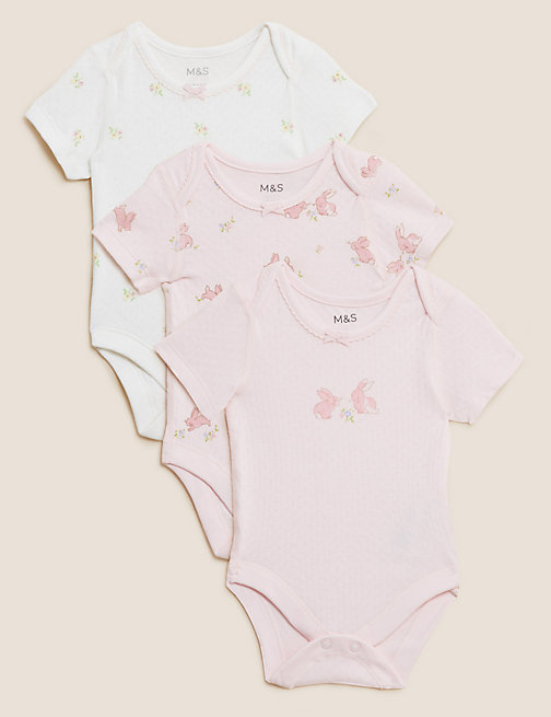 Marks And Spencer Girls M&S Collection 3pk Pure Cotton Patterned Bodysuits (61/2 lbs - 3 Yrs) - Pink Mix, Pink Mix