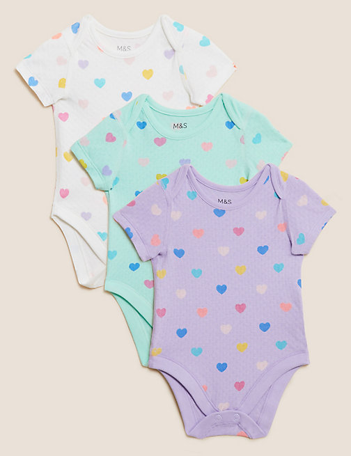 Marks And Spencer Girls M&S Collection 3pk Pure Cotton Heart Bodysuits (6½lbs - 3 Yrs) - Multi