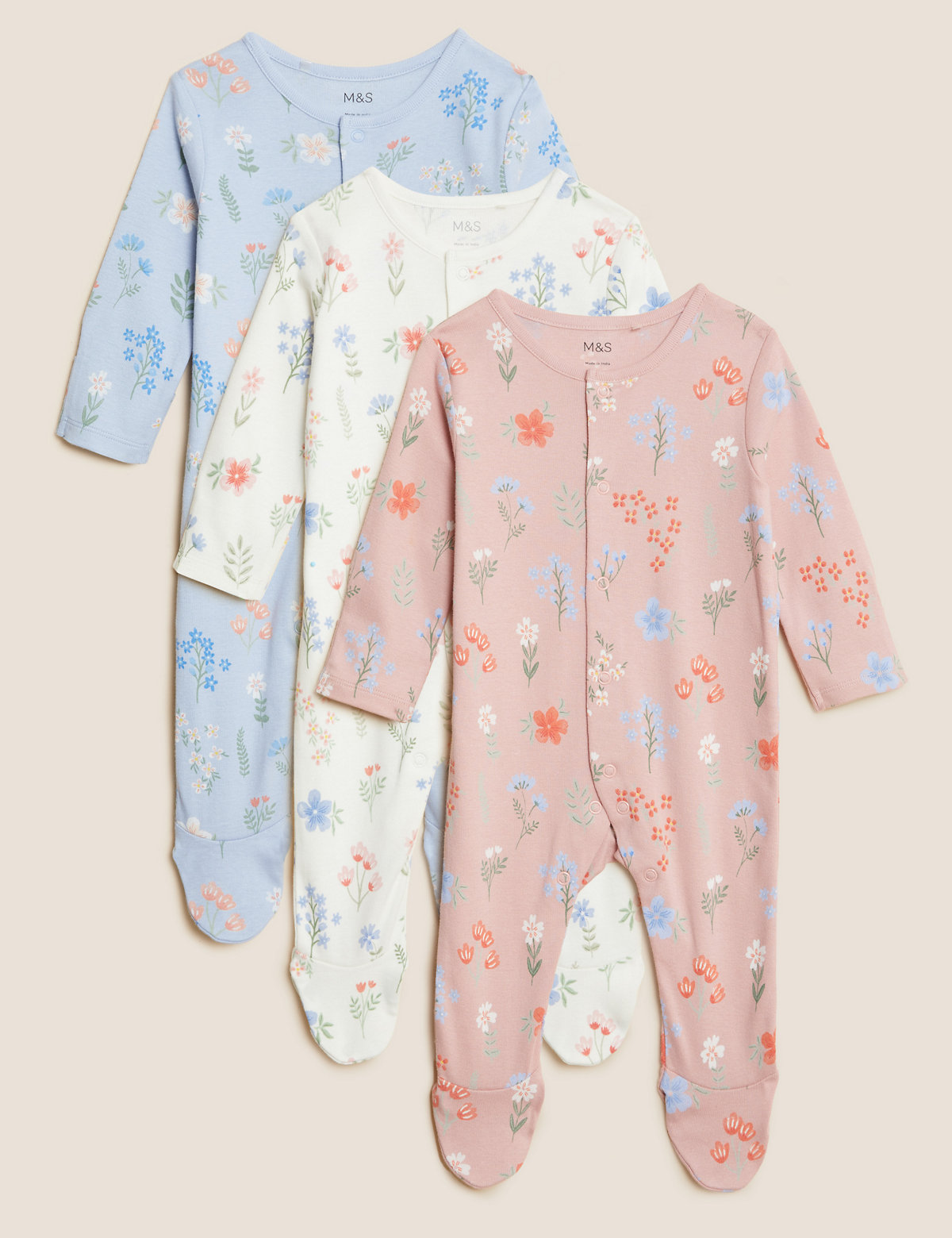 3pk Pure Cotton Floral Sleepsuits