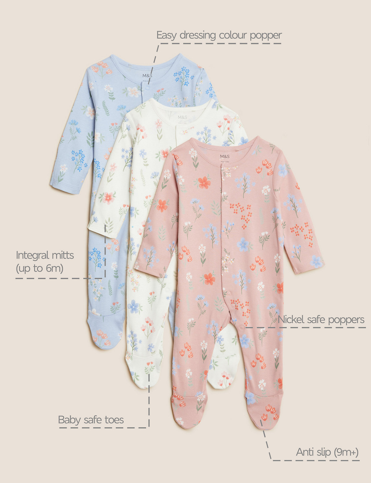 3pk Pure Cotton Floral Sleepsuits