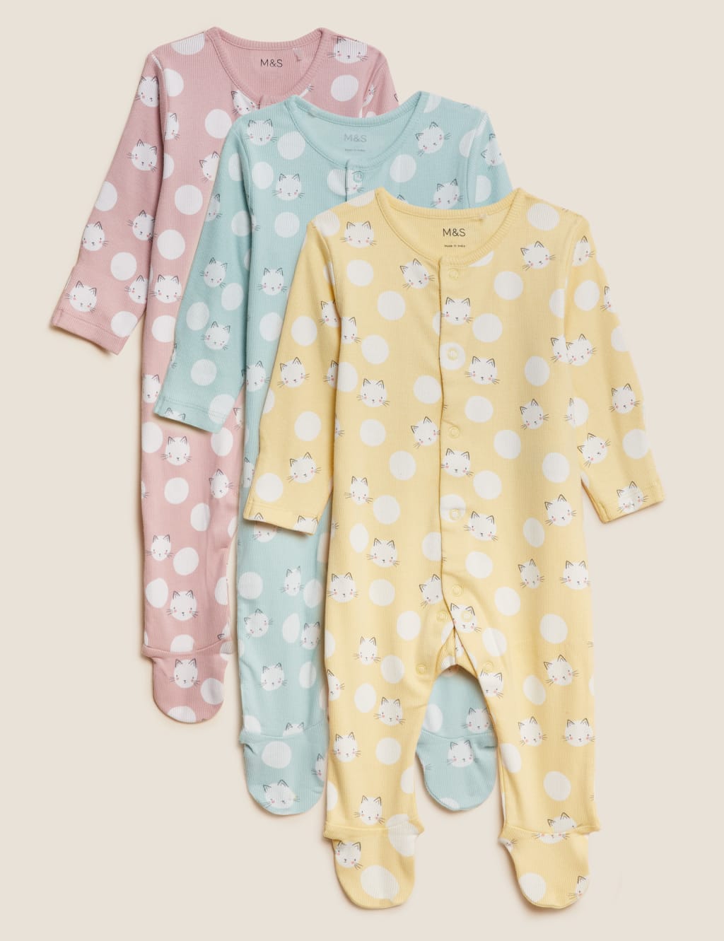 3pk Cotton Rich Cat Print Sleepsuits (6½lbs-3 Yrs) image 1