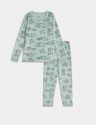 M&S Boy's Adaptive Velour Transport Print Pyjamas (1-16 Yrs) - 7-8 Y - Green Mix, Green Mix
