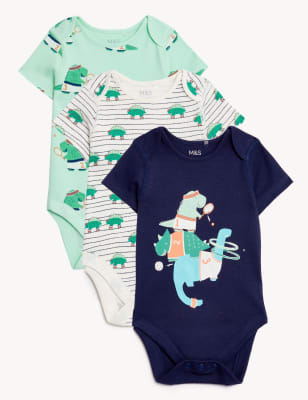 

M&S Collection Pack de 3 bodies 100% algodón de dinosaurios (0-3 años) - Green Mix, Green Mix