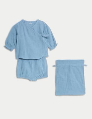 M&S Boy's 2pc Pure Cotton Outfit (7lbs-1 Yrs) - 3-6 M - Light Steel Blue, Light Steel Blue,Nude