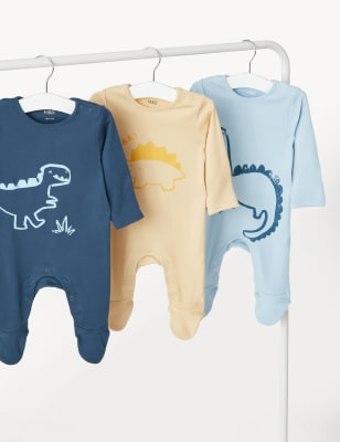 

M&S Collection 3er-Pack Schlafanzüge aus reiner Baumwolle mit Dinosauriermuster (0-3 J.) - Navy Mix, Navy Mix