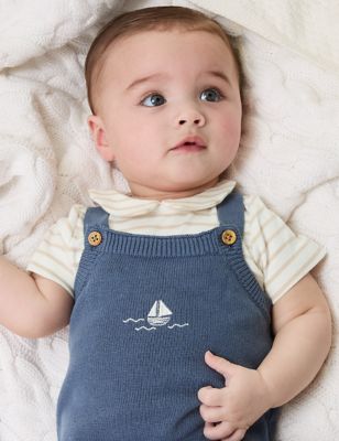 2pc Pure Cotton Knitted Dungaree Outfit (0-12 Mths) - IS