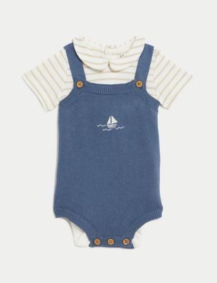 2pc Pure Cotton Knitted Dungaree Outfit (0-12 Mths)