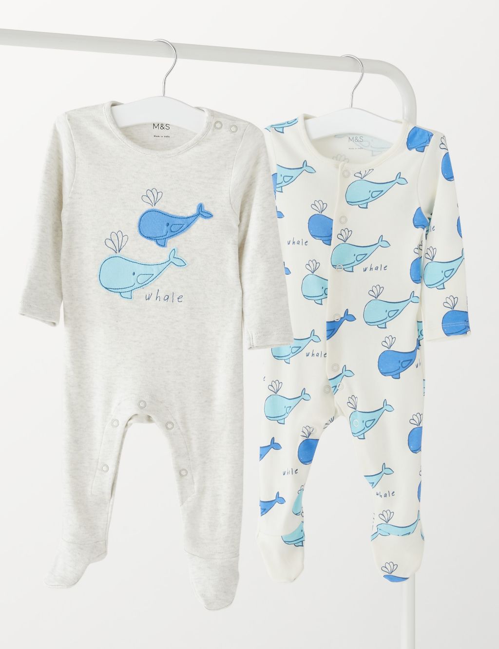 2pk Cotton Rich Whale Sleepsuits (5 lbs - 3 Yrs)