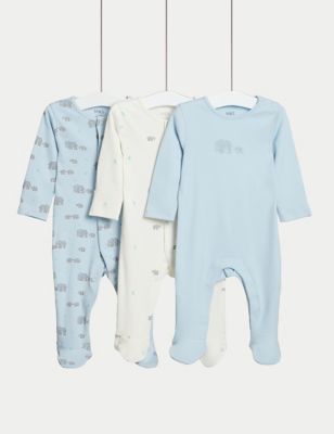 M&S Boys 3pk Pure Cotton Elephant Print Sleepsuits (6lbs-3 Yrs) - TINY - Ice Blue, Ice Blue