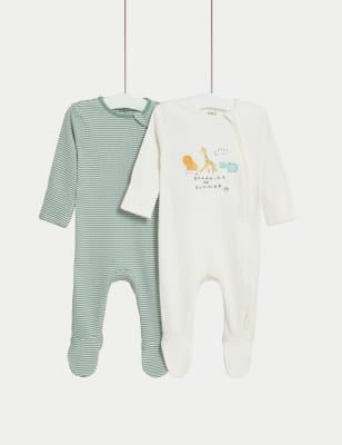 M&S Boys 2pk Pure Cotton Striped & Safari Sleepsuits (0-3 Yrs) - TINY - Blue Mix, Blue Mix