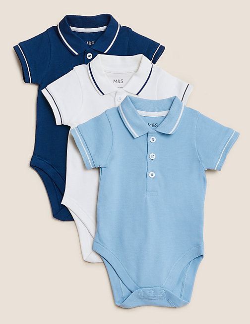 Marks And Spencer Boys M&S Collection 3pk Pure Cotton Polo Collar Bodysuits (0-3 Yrs) - Blue Mix, Blue Mix