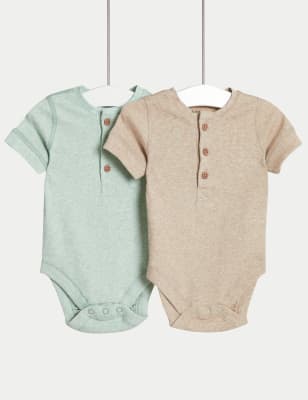 M&S Boys 2pk Cotton Rich Bodysuits (6lbs-3 Yrs) - NB - Calico Mix, Calico Mix