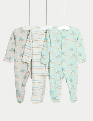 M&S Boys 3pc Pure Cotton Tractor Sleepsuits (6lbs-3 Yrs) - NB - Green Mix, Green Mix