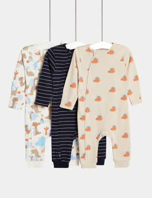 3pk Pure Cotton Dino & Striped Sleepsuits (6½lbs-3 Yrs)