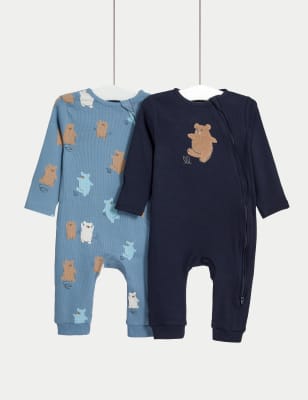 M&S Boy's 2pk Cotton Rich Bear Sleepsuits (6lbs - 3 Yrs) - NB - Blue Mix, Blue Mix