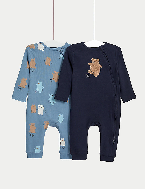 2pk Cotton Rich Bear Sleepsuits (0-3 Yrs) - NZ