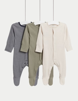 M&S Boy's 3pk Pure Cotton Striped Sleepsuits (6lbs-3 Yrs) - NB - Khaki Mix, Khaki Mix