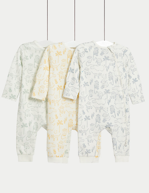 3pk Pure Cotton Safari Sleepsuits (6½lbs-3 Yrs) - NO