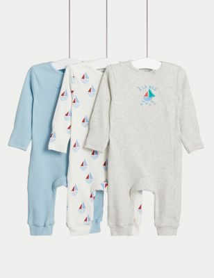 M&S Boy's 3pk Cotton Rich Nautical Sleepsuits (0-3 Yrs) - TINY - Blue/Grey, Blue/Grey