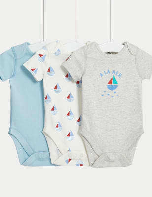 3pk Pure Cotton Boat Bodysuits (0-3 Yrs)