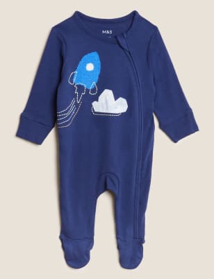 M&S Boys 2pk Pure Cotton Rocket Sleepsuits (0-3 Yrs)