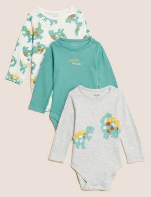 

M&S Collection Pack de 3 bodies 100% algodón con diseño de dinosaurios (6½ lbs-3 años) - Green Mix, Green Mix