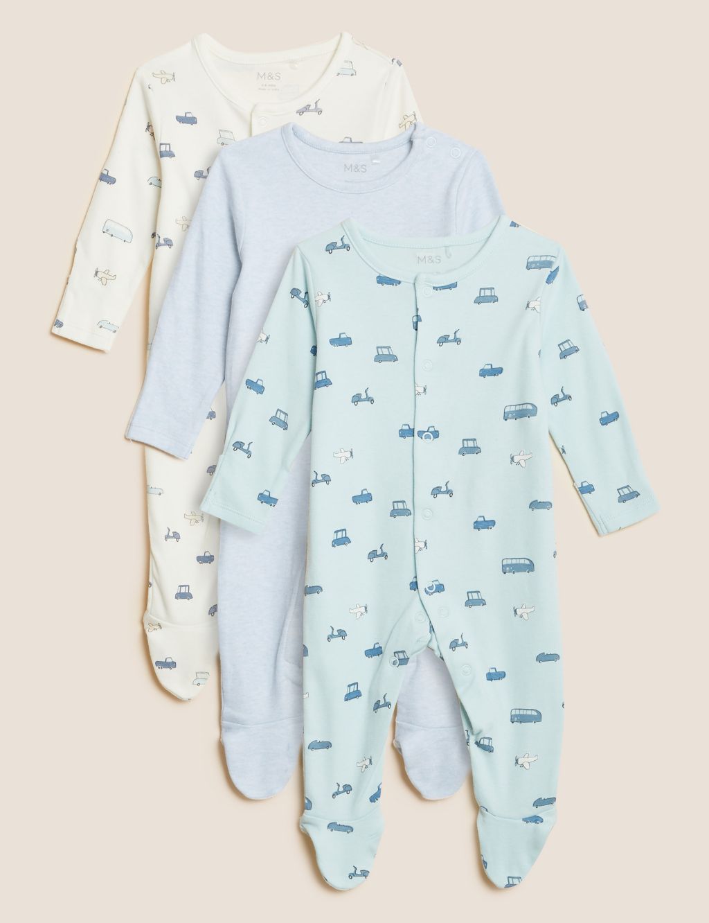 3pk Pure Cotton Transport Sleepsuits (61/2lbs - 3 Yrs) image 1