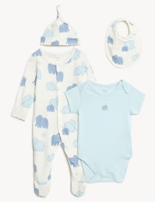 

M&S Collection Conjunto para primerizos de 4 piezas 100% algodón con diseño de elefante (0-1 año) - Soft Turquoise, Soft Turquoise