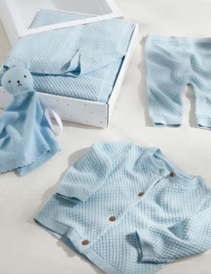 M&S 4pc Knitted Gift Set (0-6 Mths) - 3-6 M - Blue, Blue