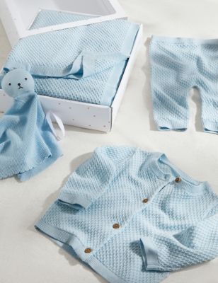 M&S 4pc Knitted Gift Set (0-6 Mths) - 3-6 M - Blue, Blue