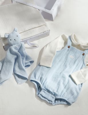 M&S 4pc Pure Cotton Whale Starter Gift Set (0-6 Mths) - 3-6 M - Light Blue, Light Blue